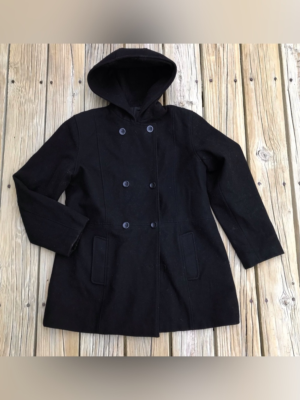 Ladies Solid Black Double Breasted Wool Silky Lined Hooded Peacoat  Jacket